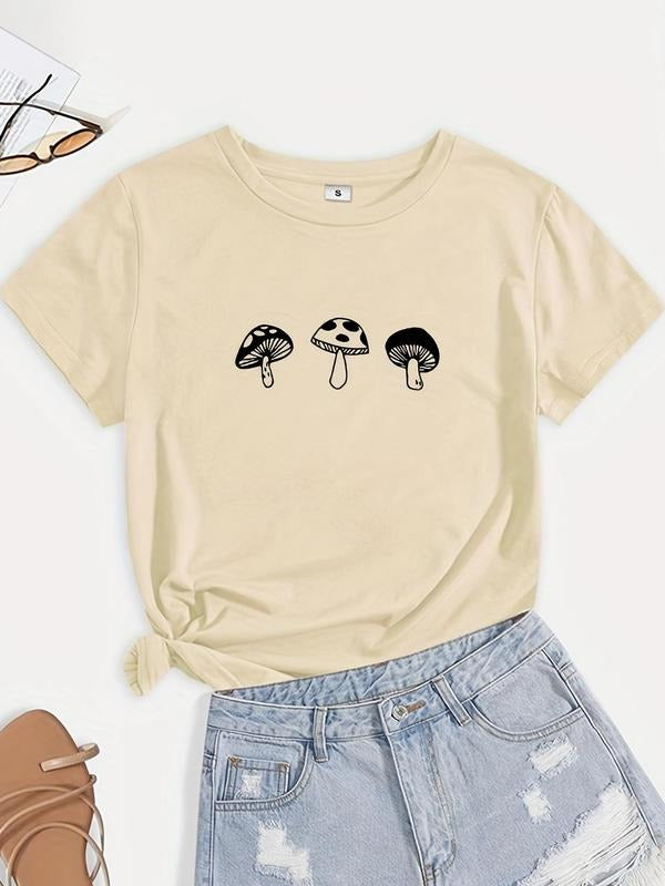 Women's Mushroom Print Round Neck Tee, Summer Clothes, Casual Short Sleeve Crew Neck T-Shirt for Summer, Women's Top for...