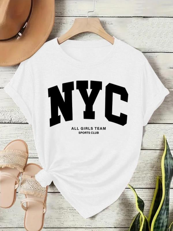 Women's NYC Print Round Neck Tee, Vintage Trendy Casual Short Sleeve T-shirt for Daily Wear, Ladies Summer, Top Hoodie,...