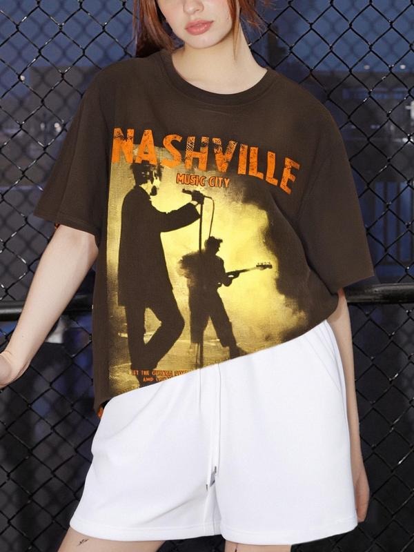 Women's Nashville Print Round Neck Tee, Vintage Trendy Casual Short Sleeve T-shirt for Daily Wear, Ladies All Seasons...