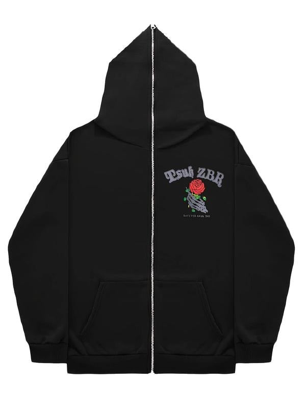 Women's New Floral & Letter Print Drawstring Hoodie, Casual Long Sleeve Pocket Zipper Hooded Sweatshirt Top for Spring &...