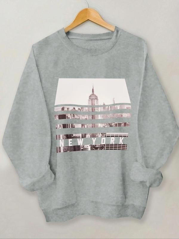Women's New York City Print Crew Neck Sweatshirt, Casual Drop Shoulder Long Sleeve Pullover, Women's Fall & Winter...