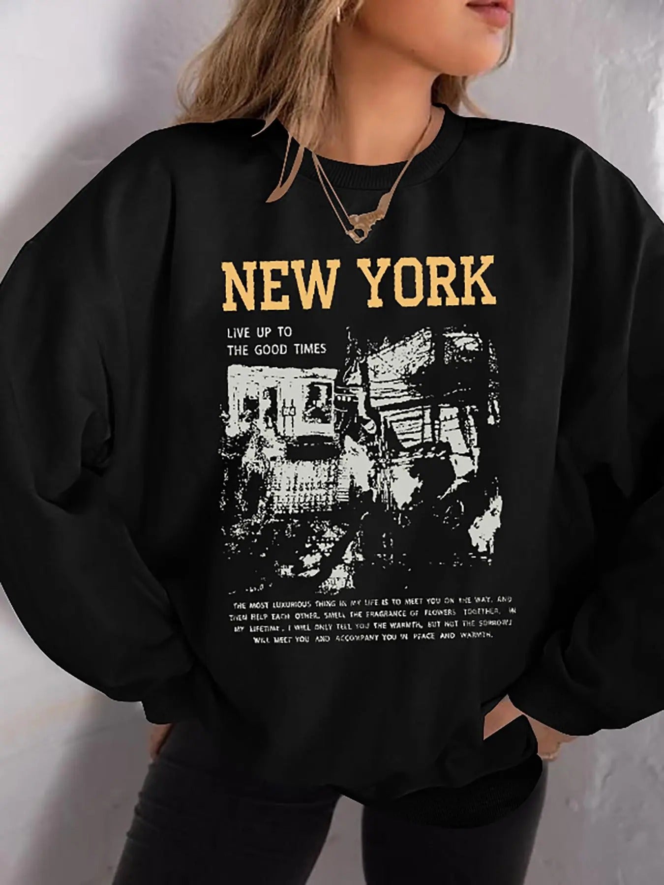 Women's New York City Print Drop Shoulder Sweatshirt, Casual Long Sleeve Round Neck Pullover for Spring & Fall, Fashion...