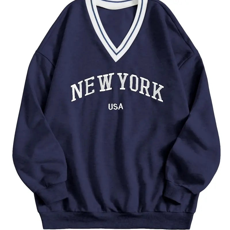 Women's New York Letter Graphic Sweatshirt V Neck Long Sleeve Casual Pullover Top T-Shirts, Hoodie | HypeCrazeTee.com