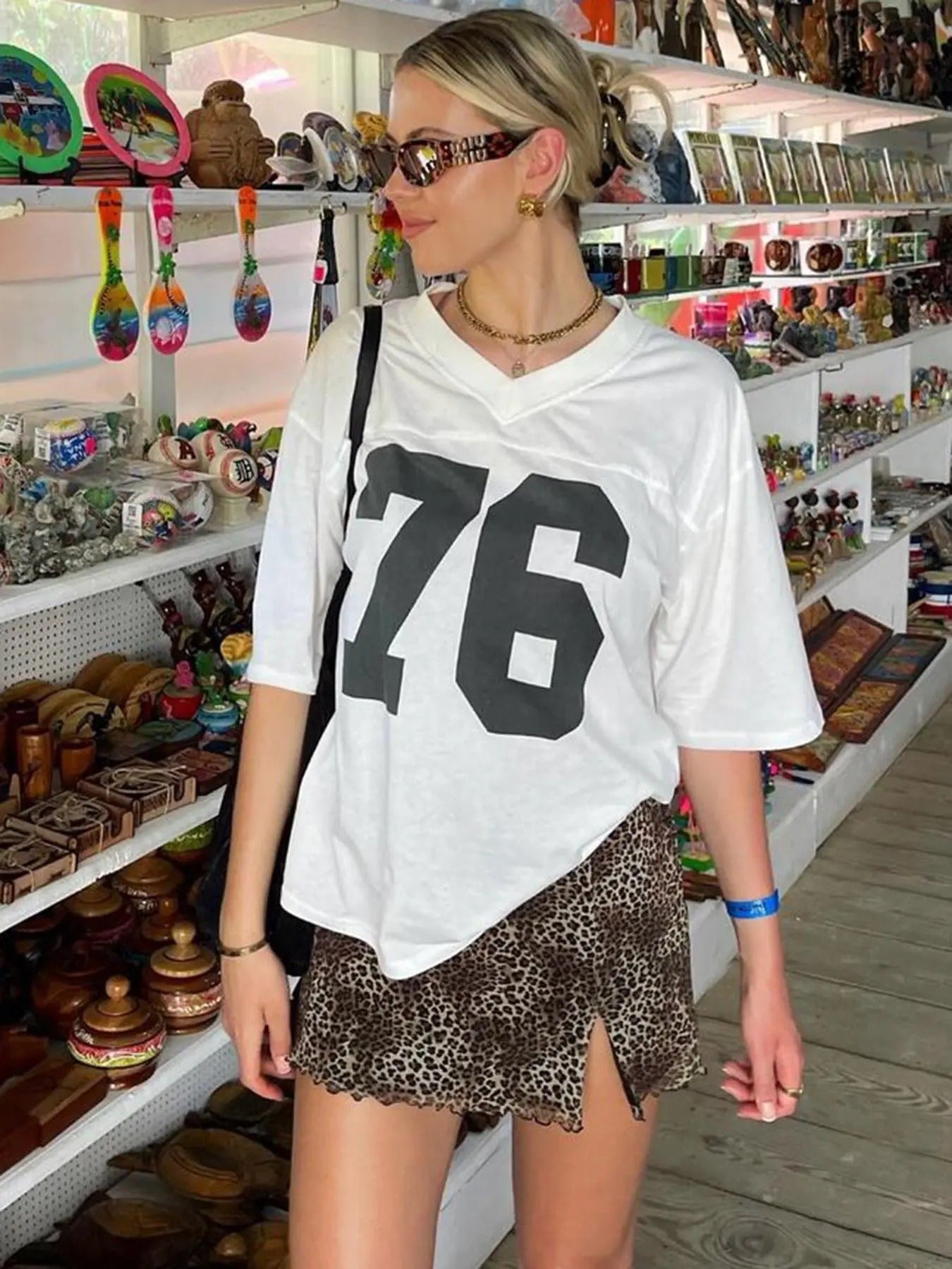Women's Number "76" Print Drop Shoulder Tee, Casual Half Sleeve V Neck T-shirt, Fashion Women's Summer Top for Daily Wear...