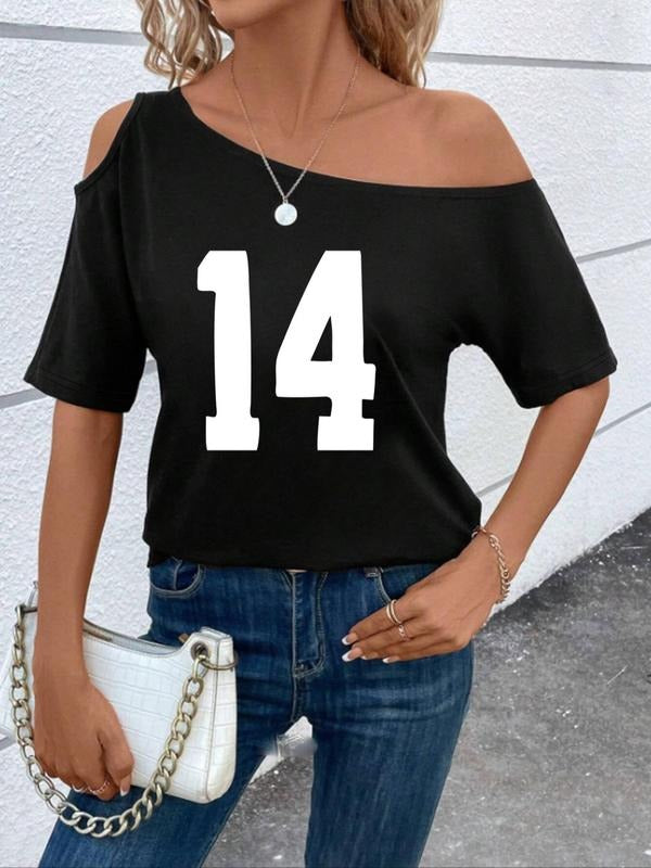 Women's Number Print Asymmetrical Neck Tee, Casual Figure Print Short Sleeve T-Shirt for Summer, Fashion Women's Top for...
