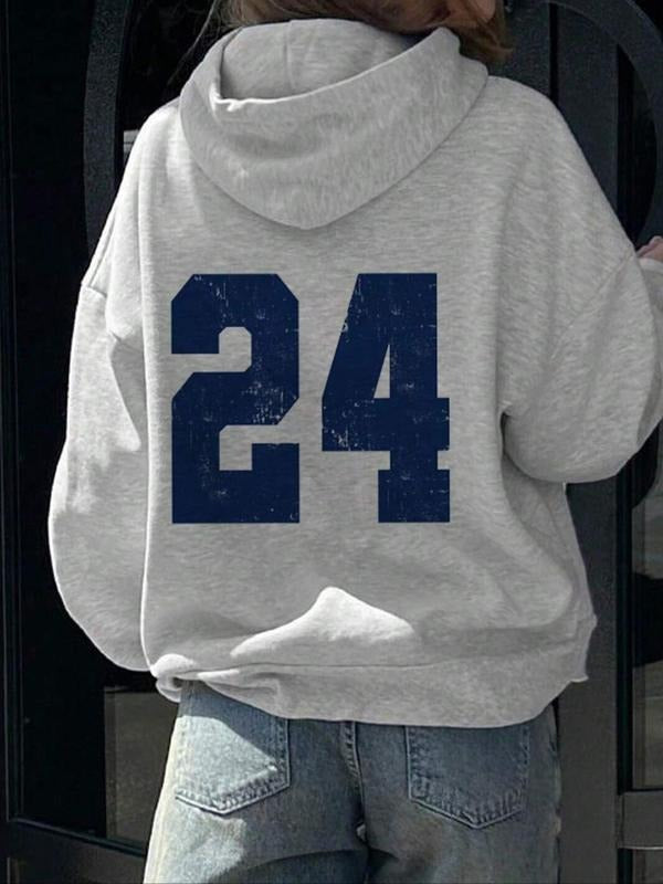 Women's Number Print Drop Shoulder Hoodie, Fashion Casual Drawstring Pocket Hooded Sweatshirt for Daily Holiday Outdoor...