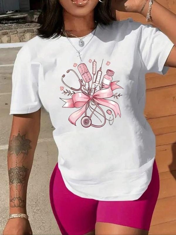 Women's Nurse Themed Bow & Stethoscope Print Round Neck Tee, Casual Short Sleeve Crew Neck T-Shirt for Summer, Fashion...