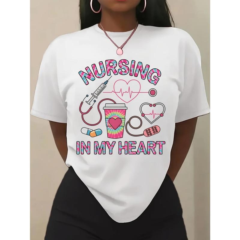 Women's Nursing in My Heart Graphic Tee - 100% Short Sleeve Casual Shirt with Medical-Themed Design, Perfect for Nurses &...