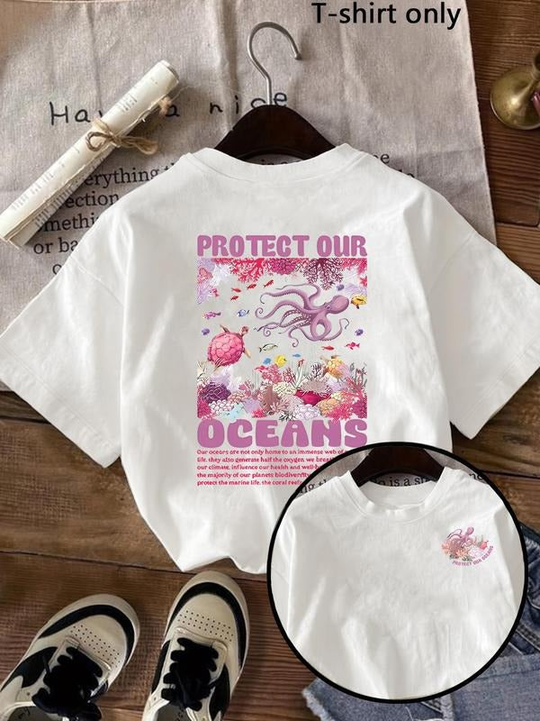 Women's Ocean Shark Print Round Neck Tee, Trendy Casual Short Sleeve T-shirt for Daily Wear, Ladies Summer, Top Hoodie,...