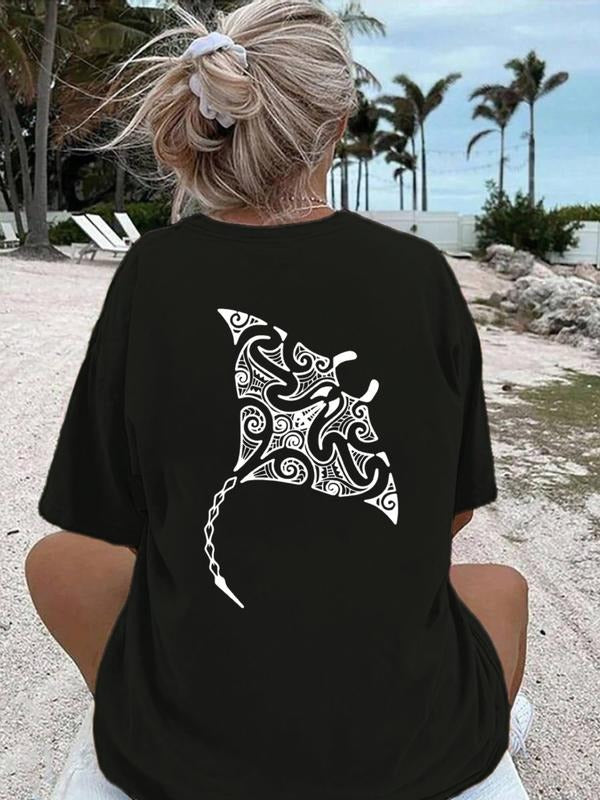 Women's Ocean Totem Manta Ray Print T-Shirt, Soft Loose Fit Short Sleeve Top, Casual Summer Wear, Fall Winter Comfortable...