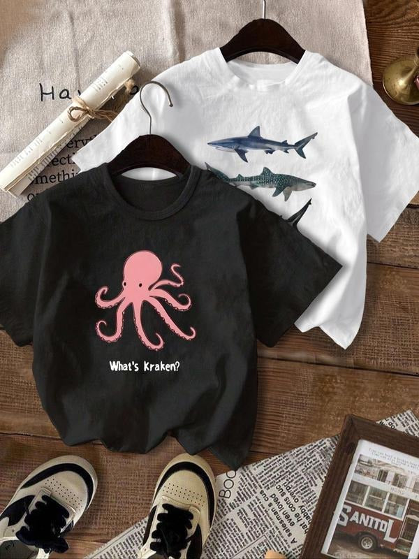 Women's Octopus & Shark Print Round Neck Tee, Casual Short Sleeve Crew Neck T-shirt for Summer, Fashion Women's Top for...