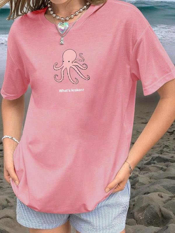 Women's Octopus Print Round Neck Graphic Tee, Vintage Trendy Casual Short Sleeve T-shirt for Daily Wear, Ladies All...