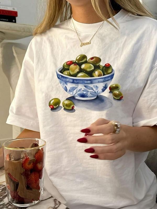 Women's Olive & Grape Print Round Neck Tee, Casual Short Sleeve Crew Neck T-Shirt for Summer, Fashion Women's Top for...