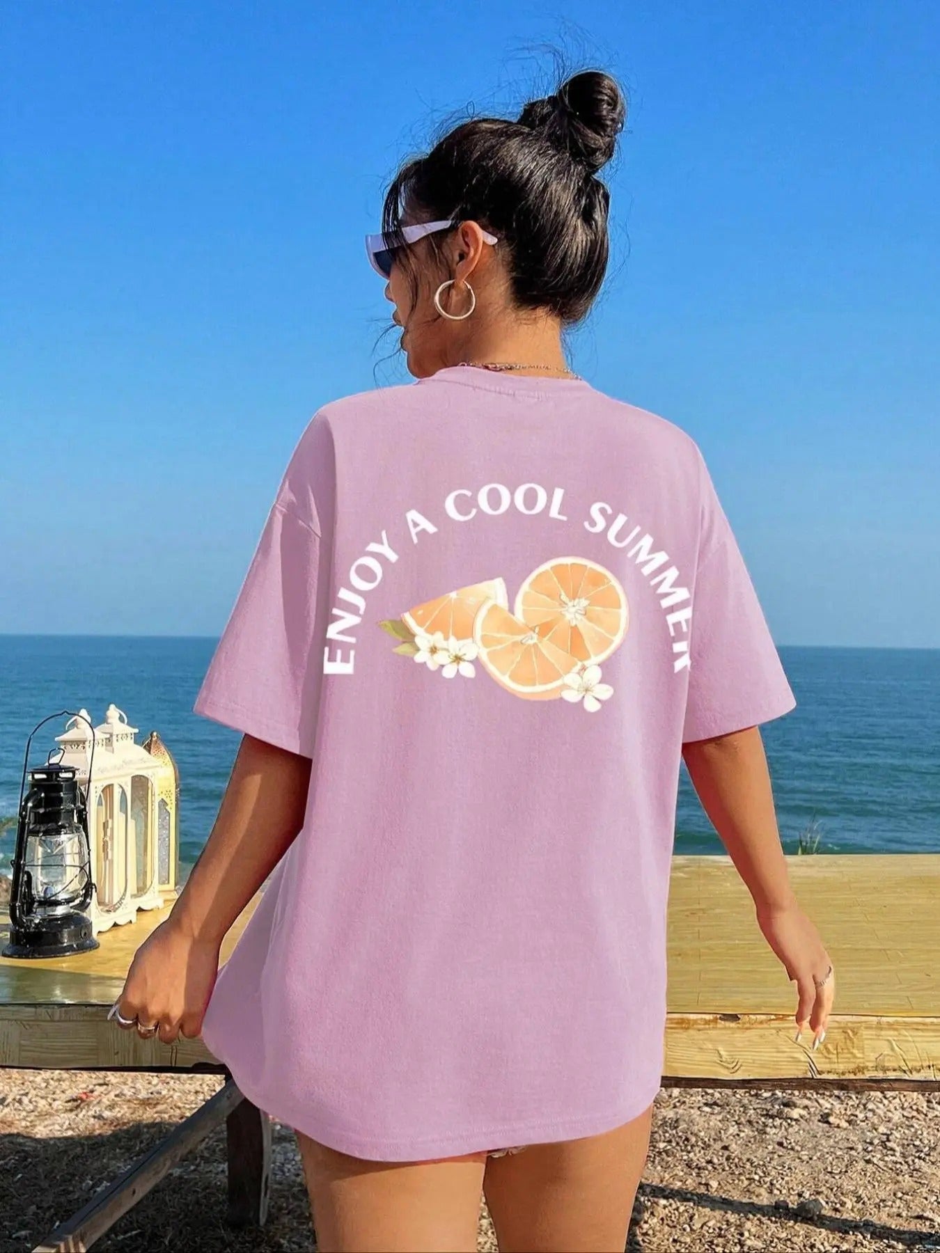 Women's Orange & Letter Print Drop Shoulder Tee, Casual Half Sleeve Round Neck T-Shirt for Summer, Ladies Clothes for...