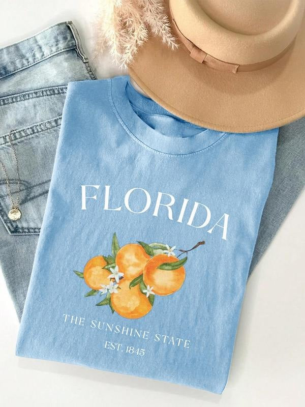 Women's Orange Letter Print Round Neck Graphic Tee, Vintage Trendy Casual Short Sleeve T-shirt for Daily Wear, Ladies...