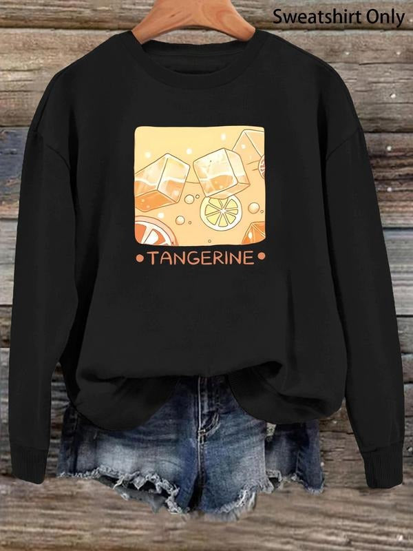 Women's Orange Print Drop Shoulder Sweatshirt, Casual Letter Print Long Sleeve Crew Neck Pullover For Daily Wear, Ladies...