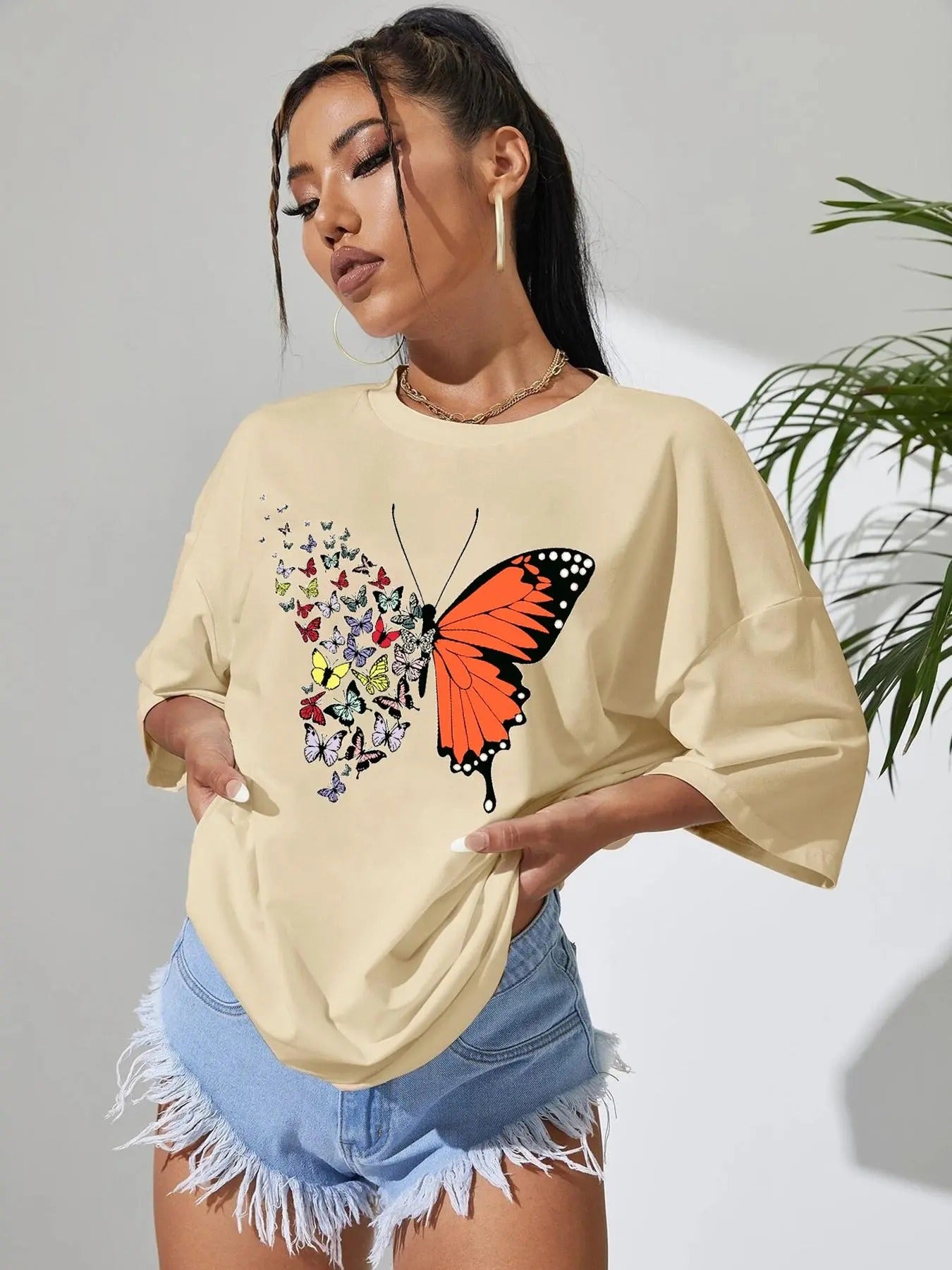 Women's Oversized Butterfly Print Drop Shoulder T-Shirt, Trendy Graphic Short Sleeve Round Neck Tee, Summer Clothes...