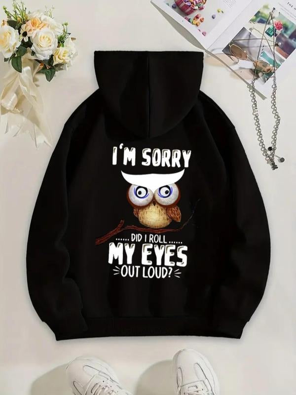 Women's Owl & Letter Print Drop Shoulder Hoodie, Fashion Casual Drawstring Pocket Hooded Sweatshirt for Daily Holiday...