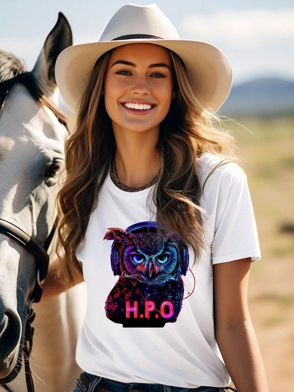 Women's Owl & Letter Print Round Neck Tee, Casual Short Sleeve T-shirt for Daily Wear, Ladies All Seasons Outfit Hoodie,...