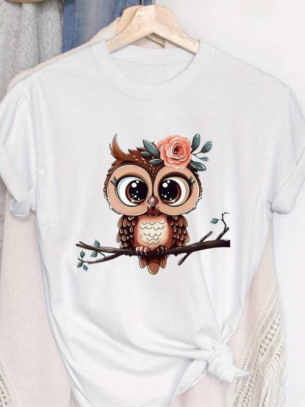 Women's Owl Print Round Neck Tee, Cute Short Sleeve Crew Neck T-shirt for Summer, Fashion Casual Women's Top for Daily...