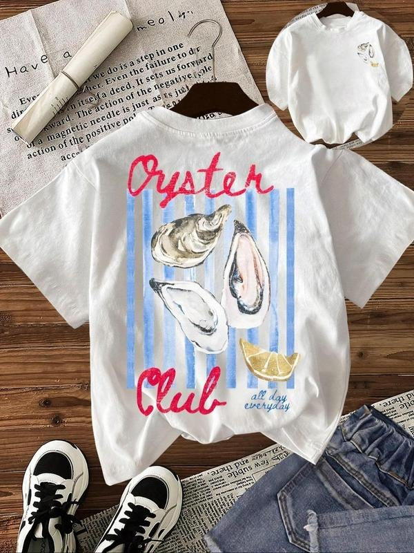 Women's Oyster & Letter Print Round Neck Tee, Casual Short Sleeve T-shirt for Summer, Ladies Clothes for Daily Wear, Top...
