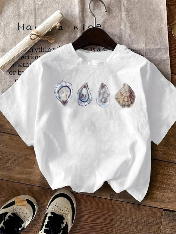 Women's Oyster & Shell Print Round Neck Tee, Casual Short Sleeve Crew Neck T-Shirt for Summer, Fashion Women's Top for...
