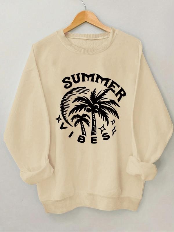 Women's Palm Tree & Letter Print Crew Neck Sweatshirt, Casual Long Sleeve Pullover for Daily Wear, Ladies Clothing for...