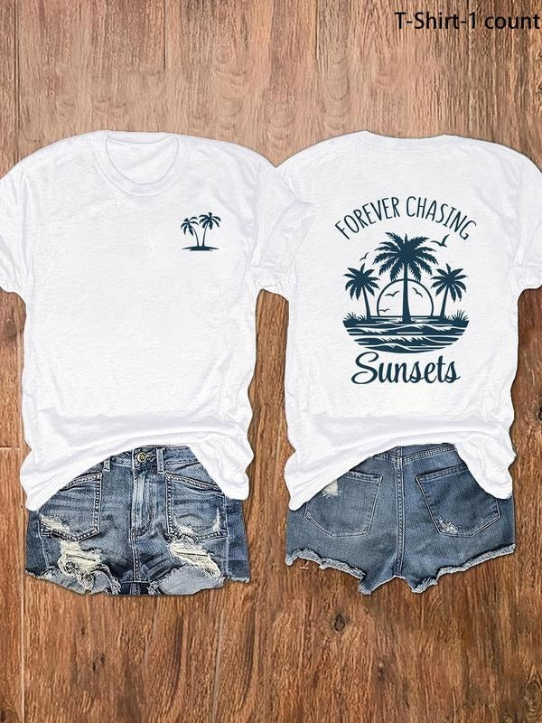 Women's Palm Tree & Letter Print Round Neck Graphic Tee, Vintage Trendy Casual Short Sleeve T-shirt for Daily Wear,...