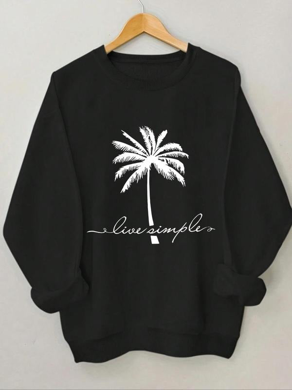 Women's Palm Tree & Letter Print Round Neck Sweatshirt, Casual Long Sleeve Crew Neck Pullover for Spring & Fall, Fashion...