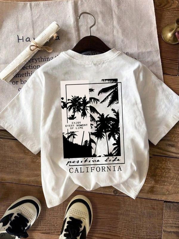 Women's Palm Tree & Letter Print Round Neck Tee, Trendy Casual Short Sleeve T-shirt for Daily Wear, Ladies All Seasons...