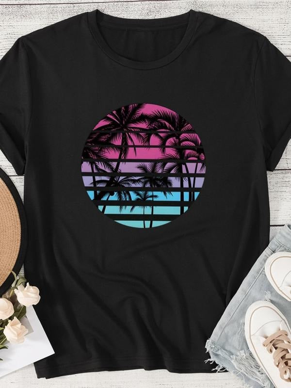 Women's Palm Tree & Sunset Print Round Neck Tee, Casual Short Sleeve Crew Neck T-Shirt for Summer, Fashion Women's Top...