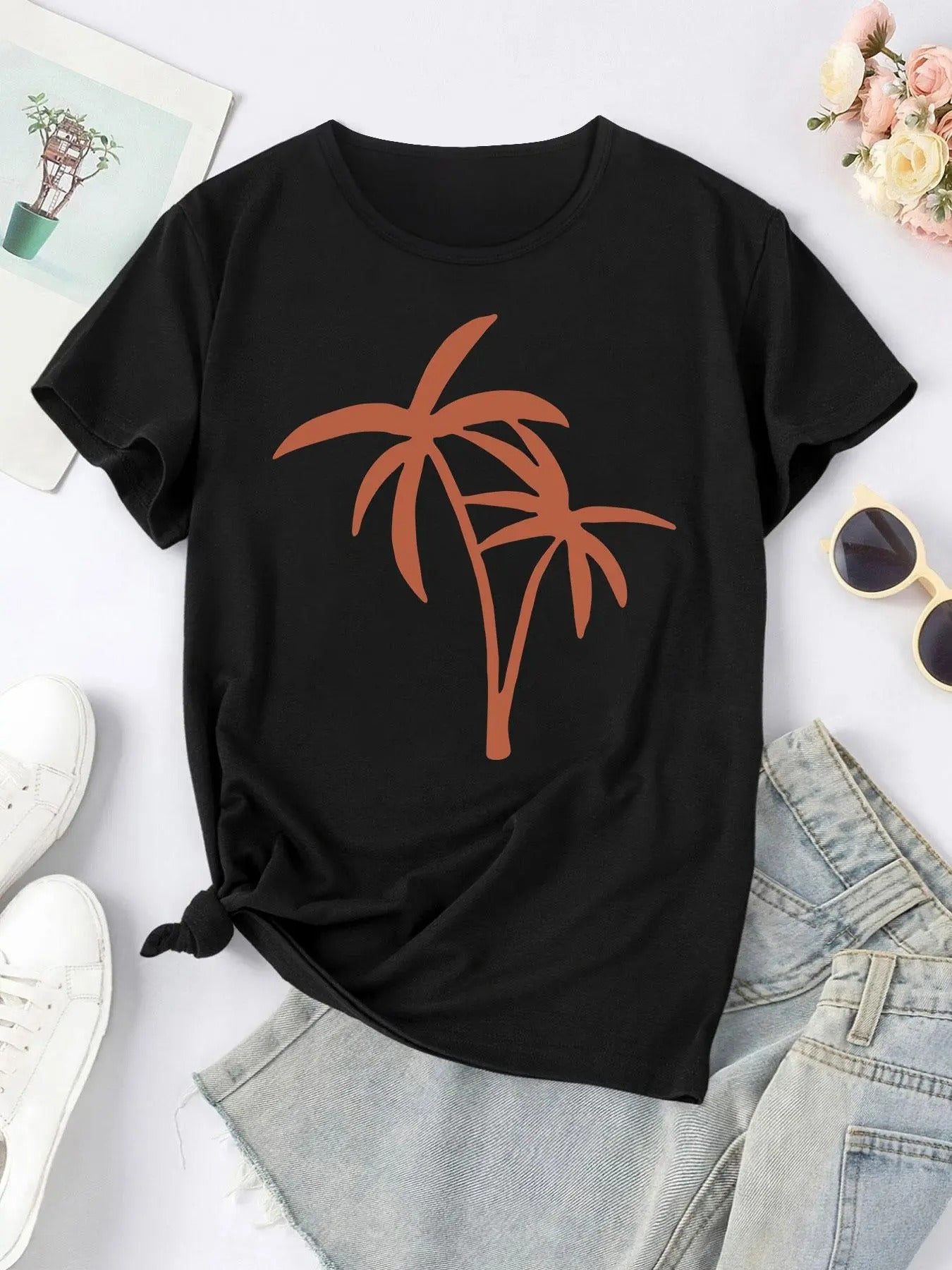 Women's Palm Tree Print Round Neck Tee, Casual Short Sleeve Crew Neck T-Shirt for Summer, Fashion Women's Top for Daily...