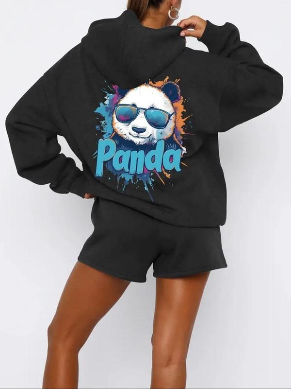 Women's Panda Print Drop Shoulder Drawstring Hoodie, Fashion Casual Pocket Hooded Sweatshirt for Daily Holiday Outdoor...