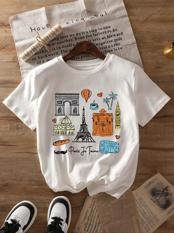 Women's Paris & Letter Print Round Neck Tee, Casual Short Sleeve Crew Neck T-Shirt for Summer, Fashion Women's Top for...