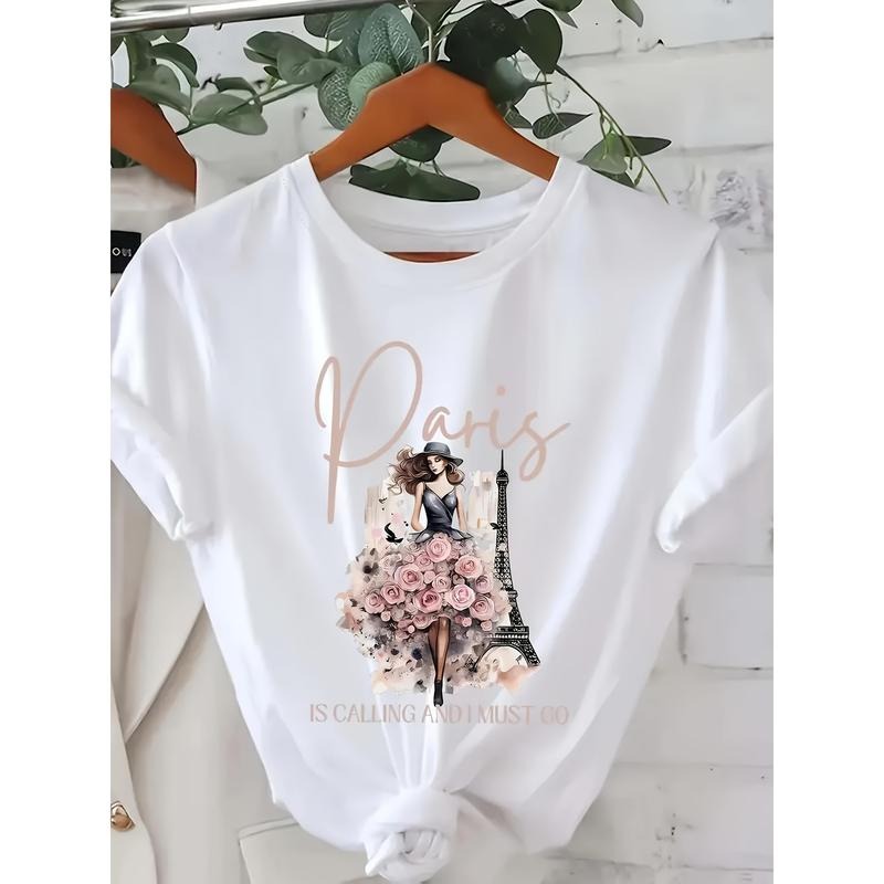 Women's Parisian-Inspired T-Shirt, Short Sleeve Crewneck with Eiffel Tower & Floral Print, Casual Summer & Spring Top,...