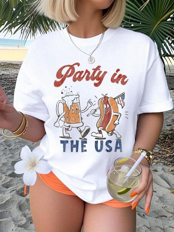 Women's Party in The USA Print Round Neck Tee, Casual Short Sleeve T-shirt for Daily Wear, Ladies Summer Clothes, Top...