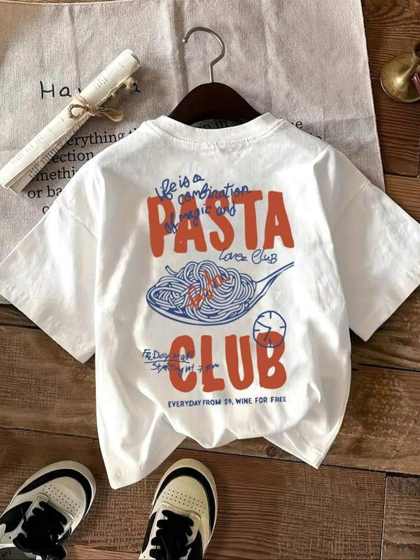 Women's Pasta & Letter Print Round Neck Tee, Trendy Casual Short Sleeve T-shirt for Daily Wear, Ladies Summer Outfit, Top...