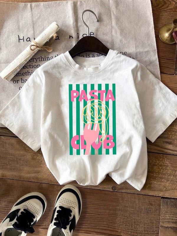 Women's Pastaa Club Round Neck Patterned T-Shirt, Fashion Casual Striped Print Short Sleeve, Summer Streetwear Clothing,...