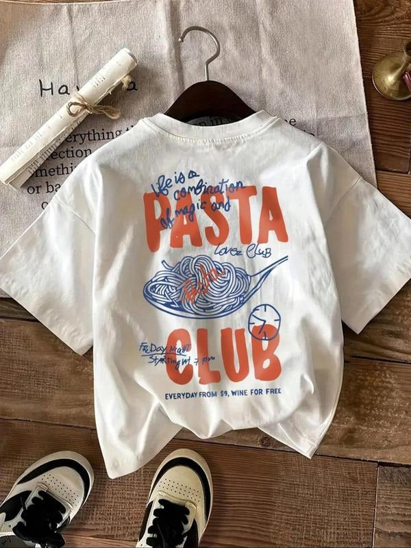 Women's Pastaria Club Print Round Neck Tee, Casual Letter Print Short Sleeve T-shirt for Daily Wear, Ladies Clothes for...