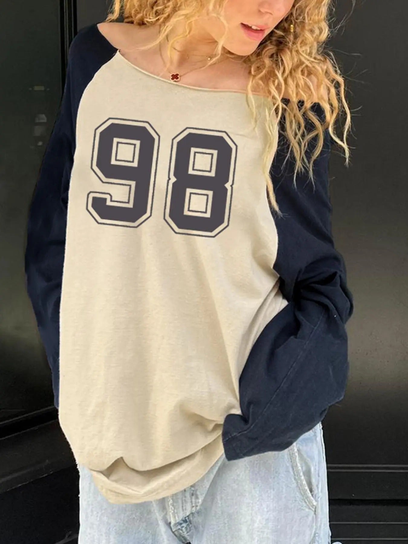 Women's Patchwork Number Print Raglan Sleeve Tee, Casual Long Sleeve Boat Neck T-Shirt for Fall & Winter, Women's...