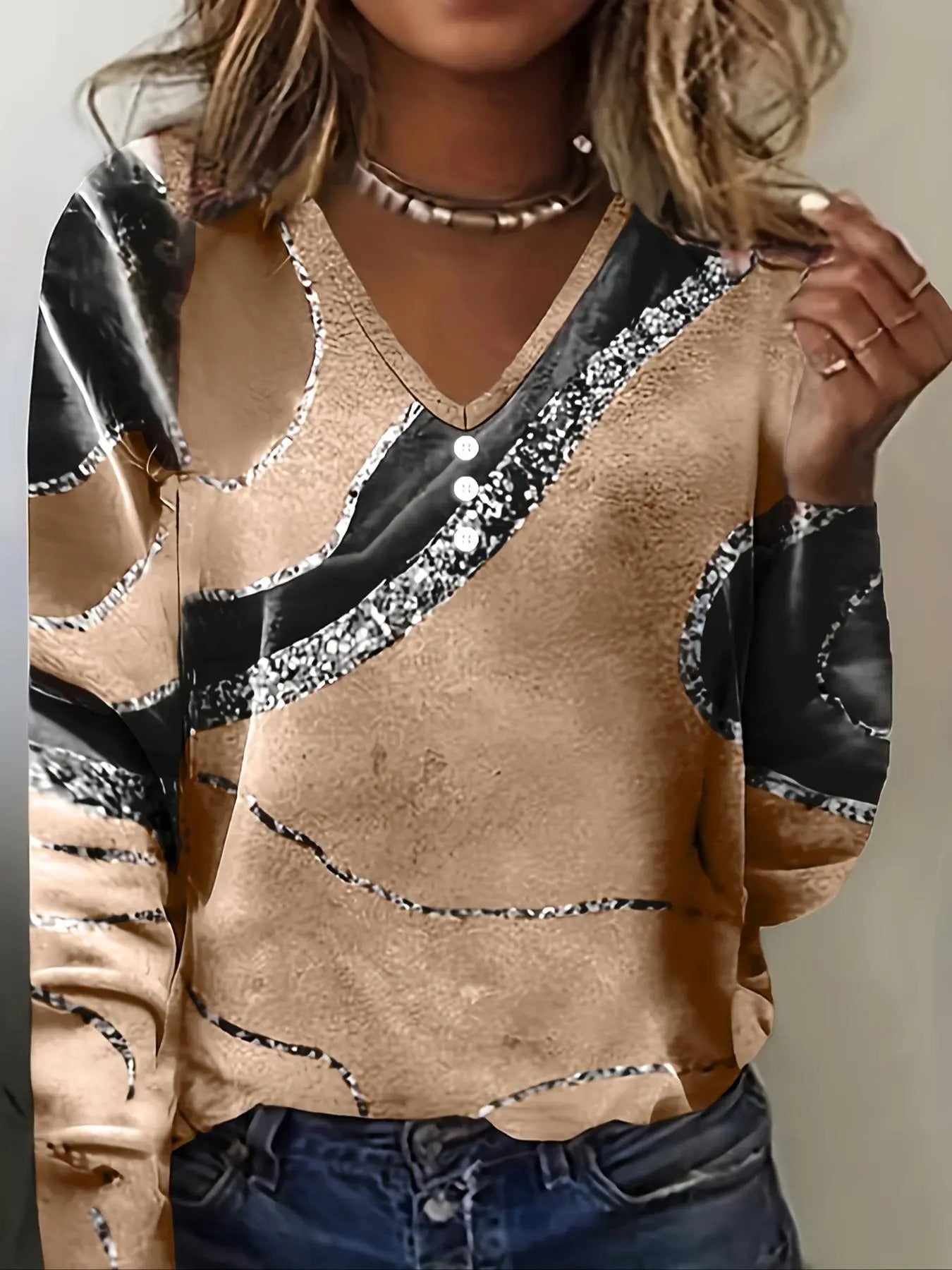 Women's Patchwork Print V Neck Tee, Casual Long Sleeve T-shirt for Spring & Fall, Fashion Women's Top for Daily Wear...
