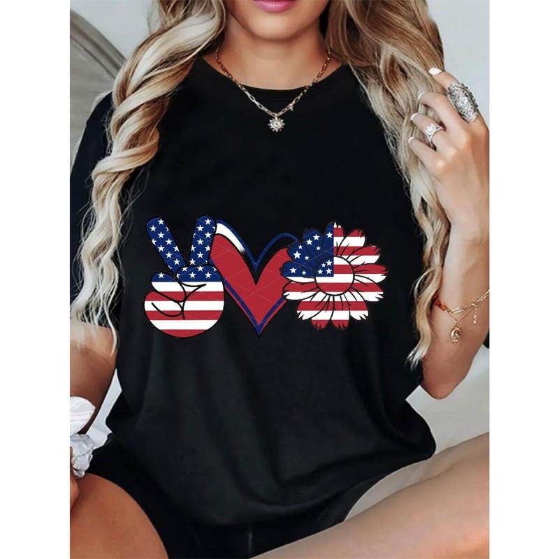 Women's Patriotic Alphabet Print T-Shirt - American Flag-Inspired Peace Sign Design, Soft Stretch Round Neck Short Sleeve...
