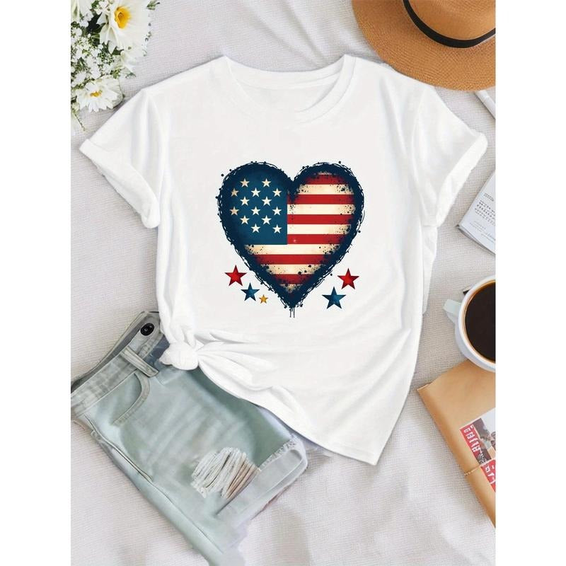 Women's Patriotic American Flag Heart Print T-Shirt - Short Sleeve Crew Neck Casual Top, Medium Stretch Machine Washable...