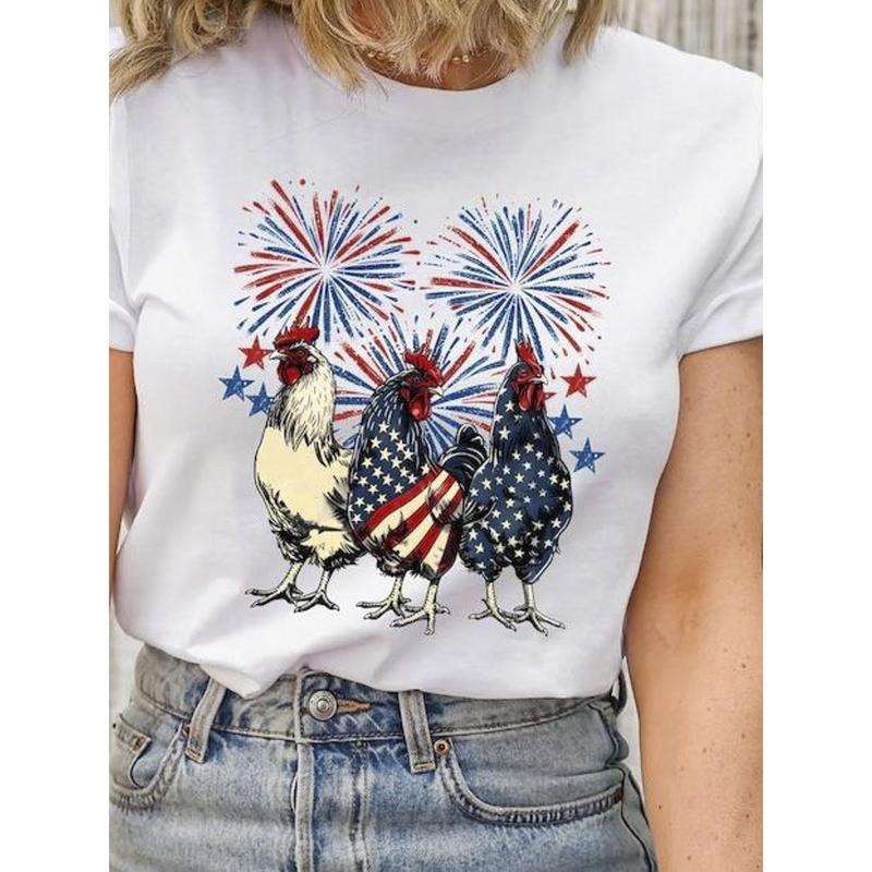 Women's Patriotic American Flag Rooster & Fireworks Print 100% Cotton T-Shirt