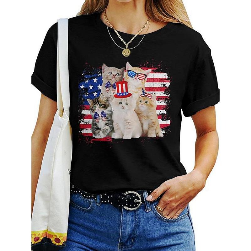 Women's Patriotic Cat & American Flag Graphic T-Shirt