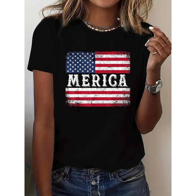 Women's Patriotic MERICA Graphic T-Shirt - Distressed American Flag Print, Black Casual Crew Neck Short Sleeve Top,...