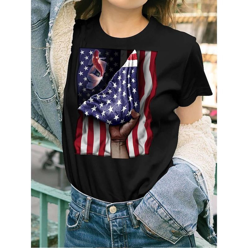 Women's Patriotic US Flag & Koi Fish Graphic Short Sleeve T-Shirt