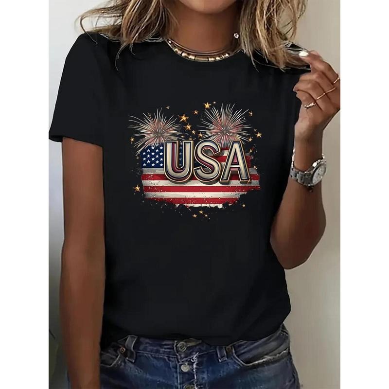 Women's Patriotic USA Flag Graphic T-Shirt - Lightweight Breathable Cotton Crew Neck Short Sleeve Top with Bold USA...