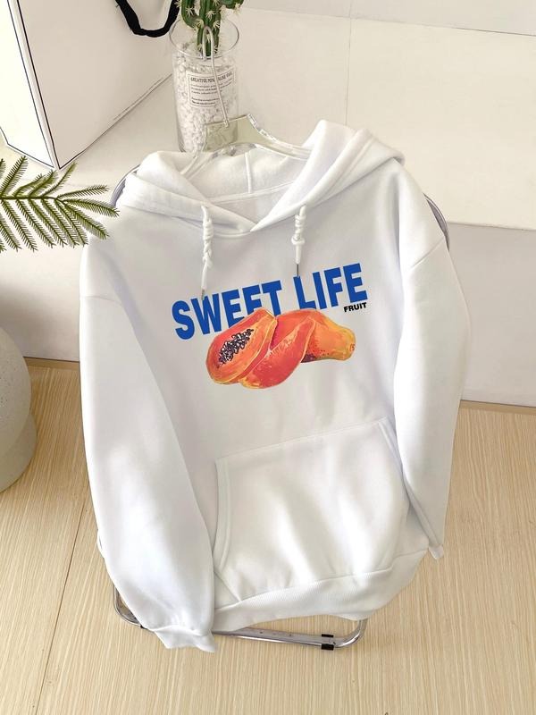 Women's Pawpaw & Letter Print Drop Shoulder Hoodie, Fashion Casual Drawstring Pocket Hooded Sweatshirt for Daily Holiday...