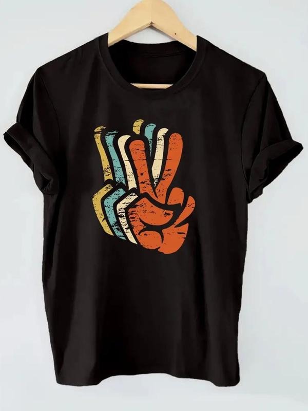 Women's Peace Gesture Print Round Neck Tee, Casual Short Sleeve T-shirt for Summer, Ladies Clothes for Daily Wear Hoodie,...